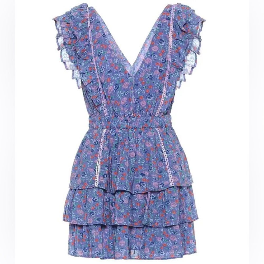 Love Shack Fancy Bennet Floral Ruffle Summer Dress in Blue Cotton Size Petite